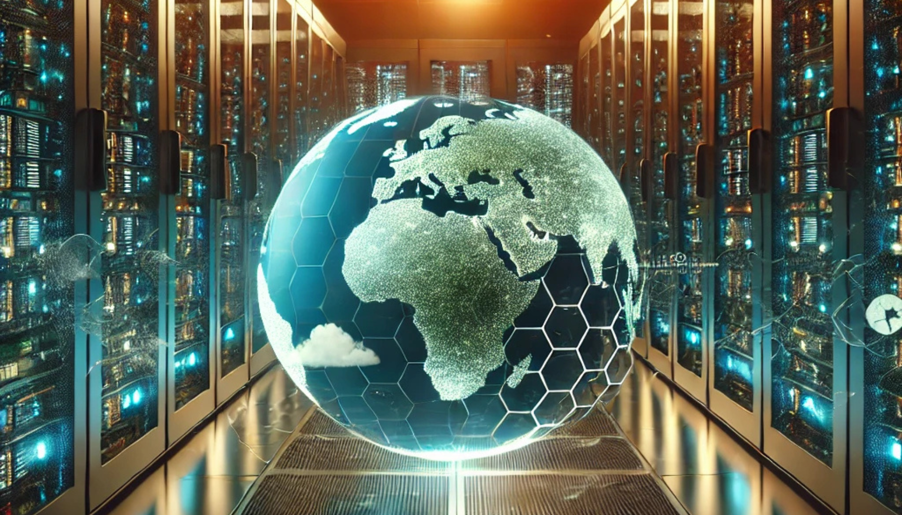 This image shows data center racks and a globe to symbolize data center sustainability and environmental impact