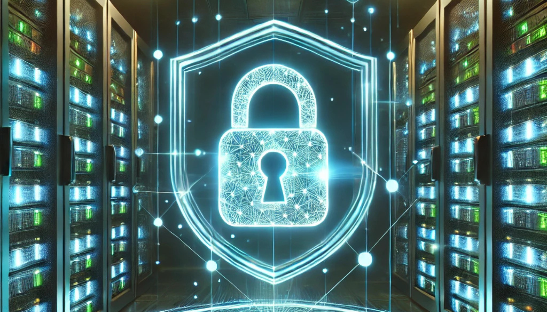 An image showing a lock over data center racks to suggest security