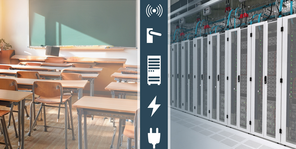 An image of a classroom and a row of data center racks